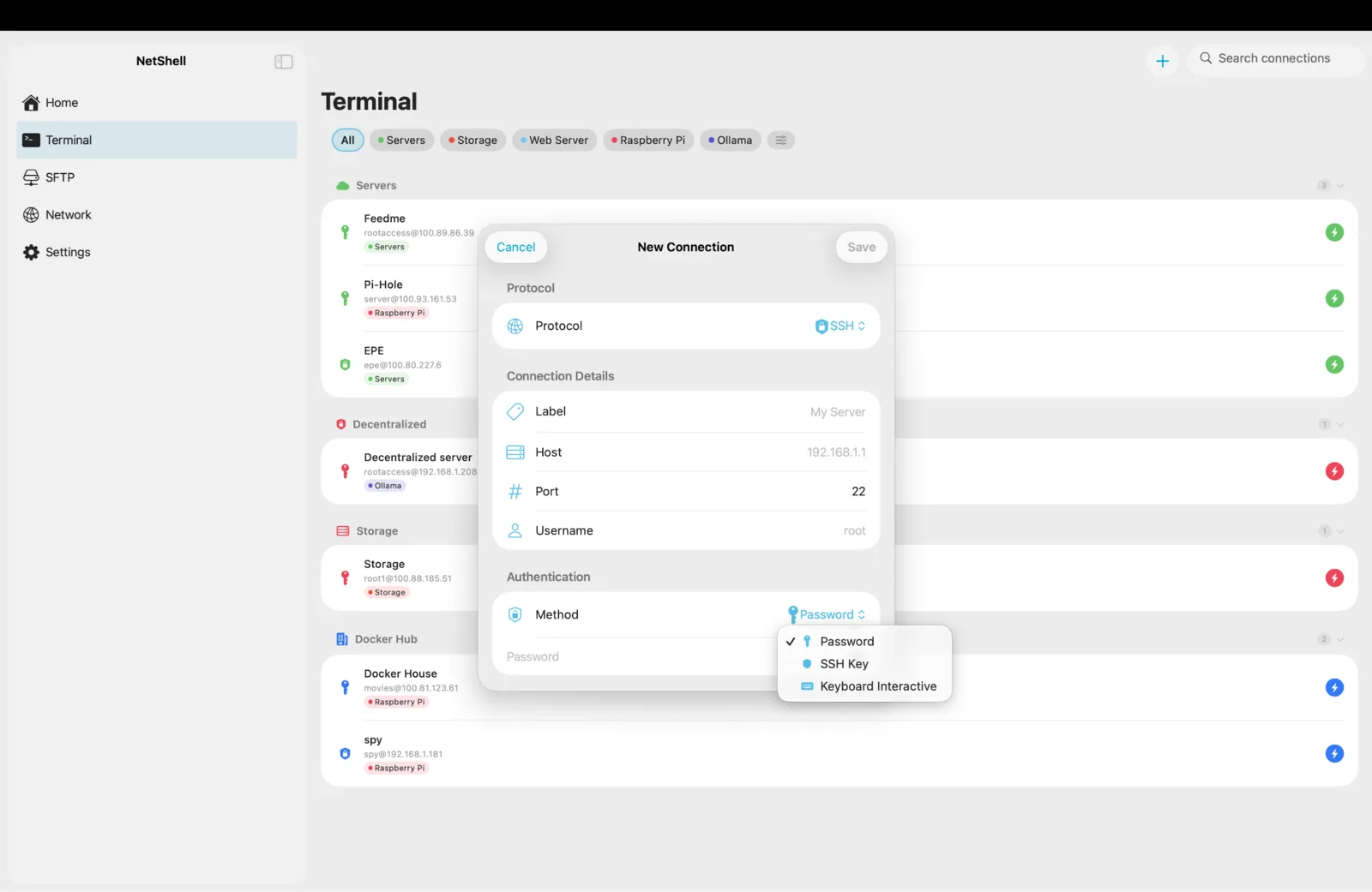 Protocol, host, port, user and auth method — the real New Connection sheet.