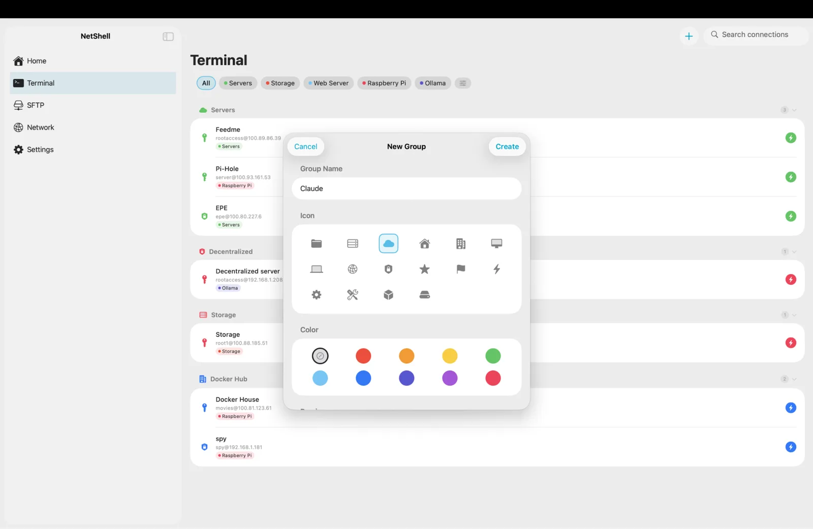 Organise connections into colour-coded, icon-tagged groups.