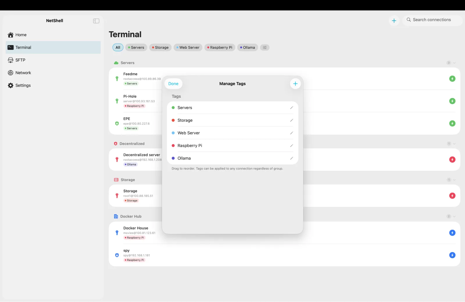 Manage Tags — colour-coded labels you can apply to any connection, in any group.